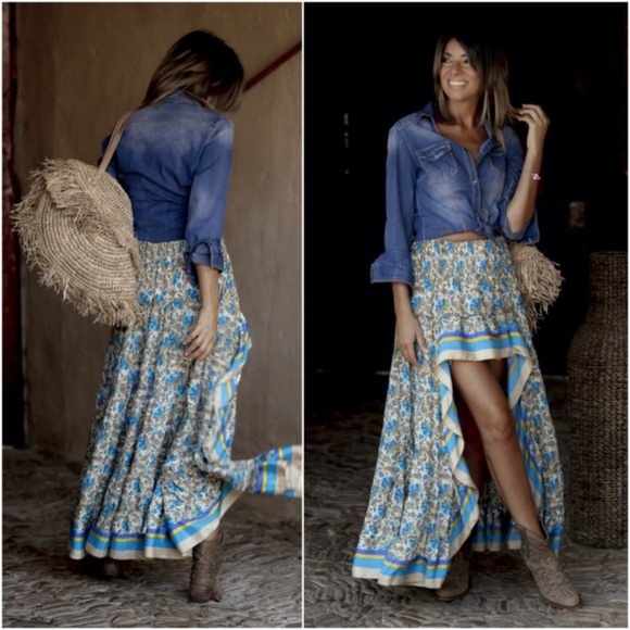 Bohemian gypsy Blue high low Floral Ruffle Maxi Skirt - Picture 2 of 11